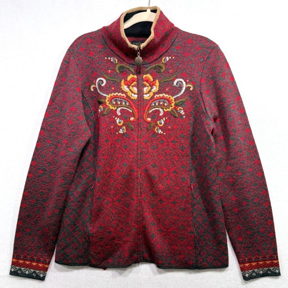 Vtg Icelandic Design Cardigan Women XL Red Grey Floral Embroidered Boho Ski Warm